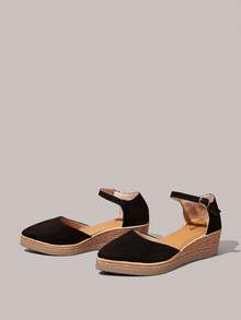 Styleloop Sandalias de mujer estilo bohemio con cuña de paja y cuerda de cáñamo, punta fina, plataforma retro, botón y tacón alto tipo romano - Negro oscuro - Ver 2