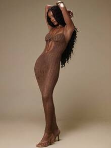 MUSERA Brown Crochet Open Knit Bodycon Beach Cover Up Maxi Dress - Chocolate Brown - View 3