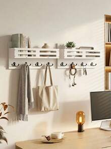 1pc Multi-Functional Wall-Mounted Storage Rack For Living Room, Multi-Layer Wall Hanging Home Organizer, Entryway Key Holder - White - View 6