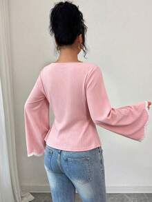 Selianne 女款標準尺寸秋冬收腰抓皺織帶拼接鏤空波浪邊休閒通勤T恤上衣 - 粉色 - 查看 2