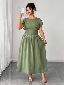 Elenzga Plus Size Elegant Romantic Elegant Round Neck Ruffle Sleeve Side Ruched Fitted Dress - Green - View 4