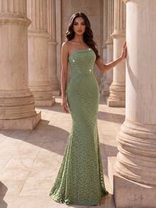 Coutiva Vestido de gala sin tirantes con patrón de encaje decorado con pedrería verde para mujer - Verde - Ver 5