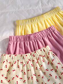 SHEIN 青少年女孩春夏度假海灘游泳居家多用途舒適田園風亞麻條紋寬鬆梭織短褲，2件組，適合多種場合 - 彩色 - 查看 3