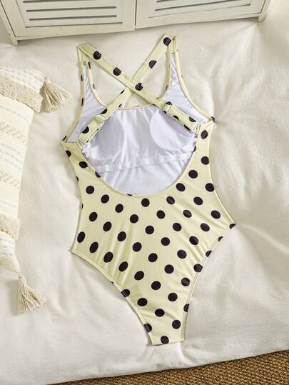Shapewave Women's Summer Vintage Milk Coffee Polka Dot Shaping One-Piece Swimsuit, Minimalist Slimming Flattering Design, Versatile All-Match Swimwear For Beach Vacation And Hot Springs