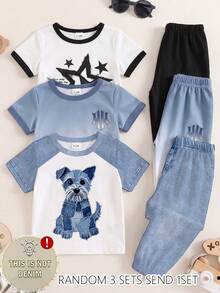 SHEIN 3 Sets, Get-1 Set Random Minimalist Casual Cute Fashion Bear Pattern  Print T-Shirt And Matching Denim Print Long Pants Set - Multicolor - View 3