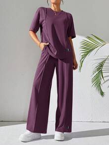 Solavon 2件組女款純色圓領長袖上衣與長褲套裝，休閒日常穿著，居家運動套裝，適合返校穿搭 - 紫色 - 查看 6