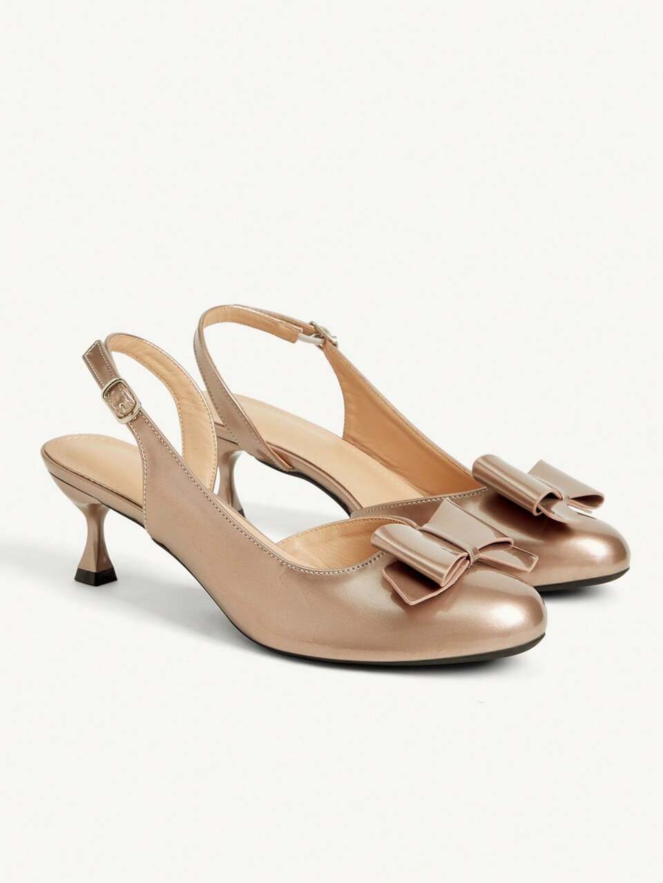CUCCOO CHICEST Spring And Summer Bow Buckle Design Round Toe Thin Heel Sweet Style Patent Leather Pink Slingback Mary Jane Shoes Daily Commute