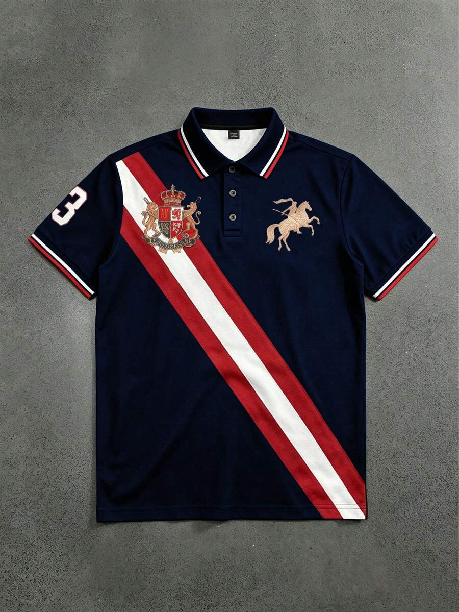 STYNVO 男士條紋短袖休閒通勤 Polo 衫 - 藏蓝色 - 查看 1