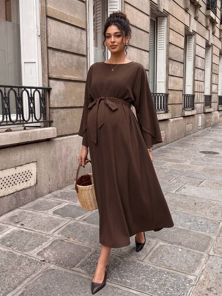 Momance Maternity Dress With Ruffle 3/4 Sleeves, Round Neck, Back Slit, A-Line Skirt, Waist Tie And Bow Tie Long Dress Casual Business Casual Elegant Outfit