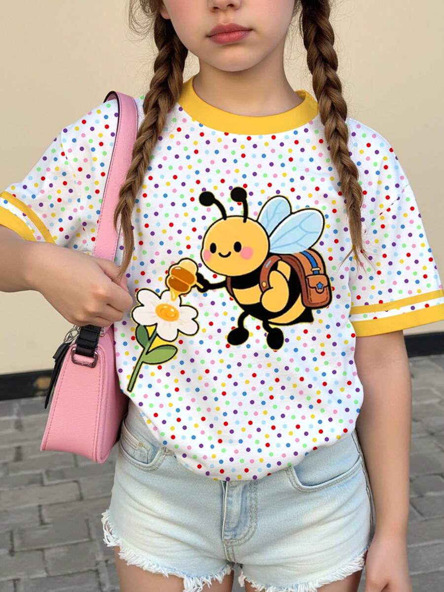 青少年女孩休閒極簡可愛蜜蜂圖案、彩色波點印花、甜美奶油風、度假風短袖圓領T恤,適合夏季,圖案T恤,舒適上衣,Y2K,Kawaii,可愛 - 彩色 - 查看 1