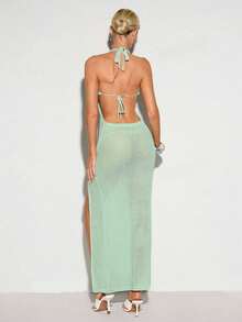 Barévion Women's Sexy Tropical Solid Color Knit Dress Beach Vacation Party Mint Green Autumn - Mint Green - View 2