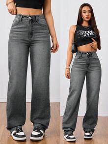 SHEIN Tall 女款高腰男友牛仔褲，淺藍色水洗褪色 Y2K 風格牛仔長褲，適合高個女性 - 深灰色 - 查看 6