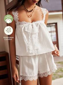 Lullawish Bohemian Romantic Lace Cami & Shorts Pajama Set, 100% Cotton, Women's - White - View 1