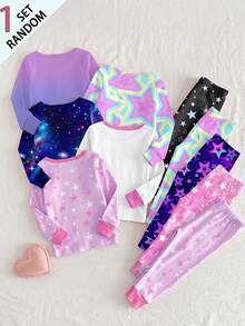SHEIN 【隨機1套】少女睡衣套裝 新款時尚可愛卡通K-POP女孩圖案印花針織高彈力圓領長袖上衣＋全身印花緊身長褲 2件套 1套（隨機發貨） - 彩色 - 查看 2