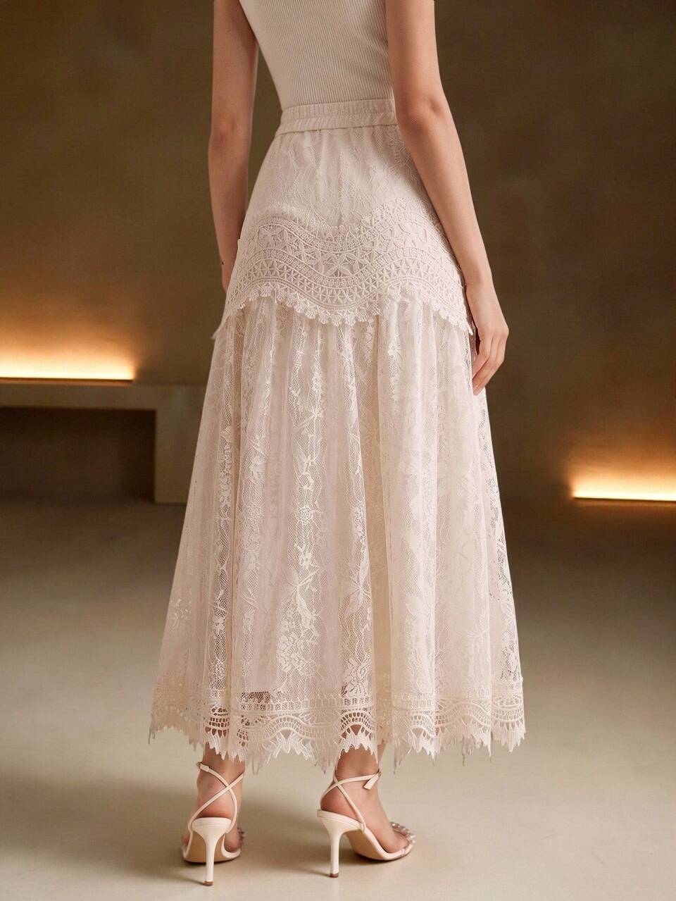 Anewsta Summer New French Elegant Hollow Lace Patchwork Ruffle Hem Versatile Skirt