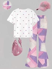 SHEIN Elladie kids 2件組復古粉色愛心印花T恤與喇叭褲套裝，可愛夏季返校女孩穿搭，Y2K校園風，新款圓領短袖T恤搭配鬆緊腰喇叭長褲，簡約百搭時尚通勤套裝 - 彩色 - 查看 3
