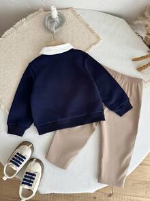 LMoss Kids Baby Boy Autumn/Winter School Style Back-To-School Season Turn-Down Collar 2 In 1 Colorblock Half-Button Front Top Casual Versatile Long Pants Set - Blue - View 2