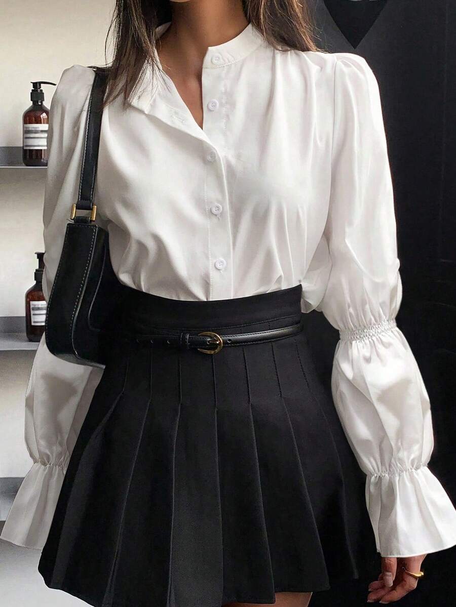 SHEIN 女童白色長袖襯衫,附荷葉領 - 白色 - 查看 1