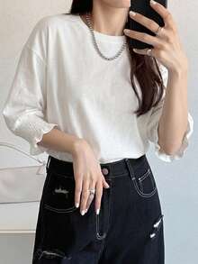 FRIFUL 女款夏季條紋圓領短袖袖口 T恤 - 白色 - 查看 3