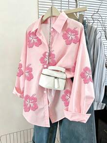 Lalippa 女款花卉刺繡落肩長袖單排扣休閒襯衫 - 彩色 - 查看 4