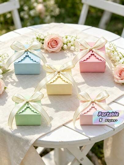 25PCS Spring Theme Small Candy Treat Paper Boxes With Ribbon Party Favour Cookie Gift Pakcgae Paper Box For Birthday Wedding Supplies