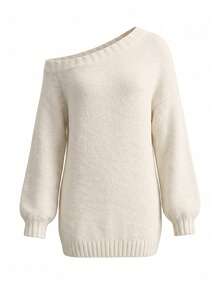 LUMIGAL Women's Cold Shoulder Asymmetric Cold Shoulder Lantern 3/4 Sleeve Ribbed Hem Knit Dress Going Out Date White Autumn Casual Sexy - Apricot - View 5