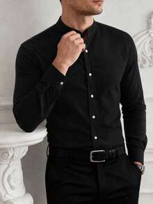 Core Aspect Men's Stand Collar Minimalist Shirt, Comfortable And Smooth Fabric, Casual Long Sleeve Versatile Shirt - Black - View 3
