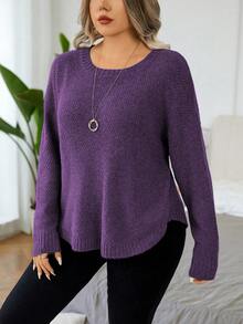 Elenzga Plus Size Casual Versatile Long Sleeve Pullover Sweater For Daily Wear - Purple - View 3