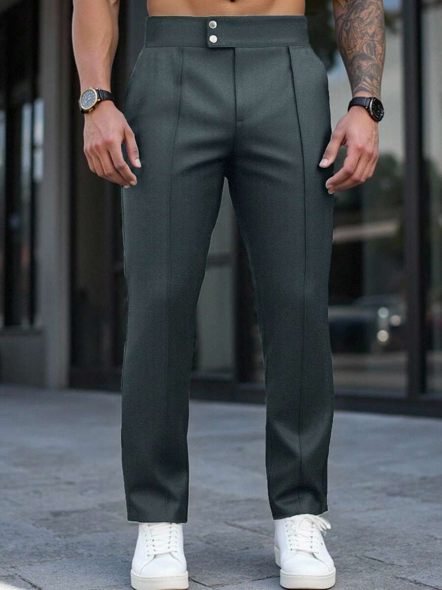 Manfinity Homme Men's Solid Color Toothpick Stripe Design Casual High Waist Suit Pants - Dark Grey - View 1