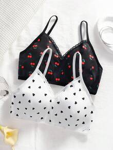 2pcs/Set Tween Girls Black & White Casual Minimalist Daily Wear, Heart & Cherry All-Over Print, Comfortable Soft Lace Sweet Camisole Underwear, Suitable For All Seasons - Multicolor - View 3