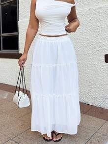 Alexandranx Ruffle Skirt Boho Long Skirt Break Solid Frill Trim Ruffle Hem Skirt White - White - View 7