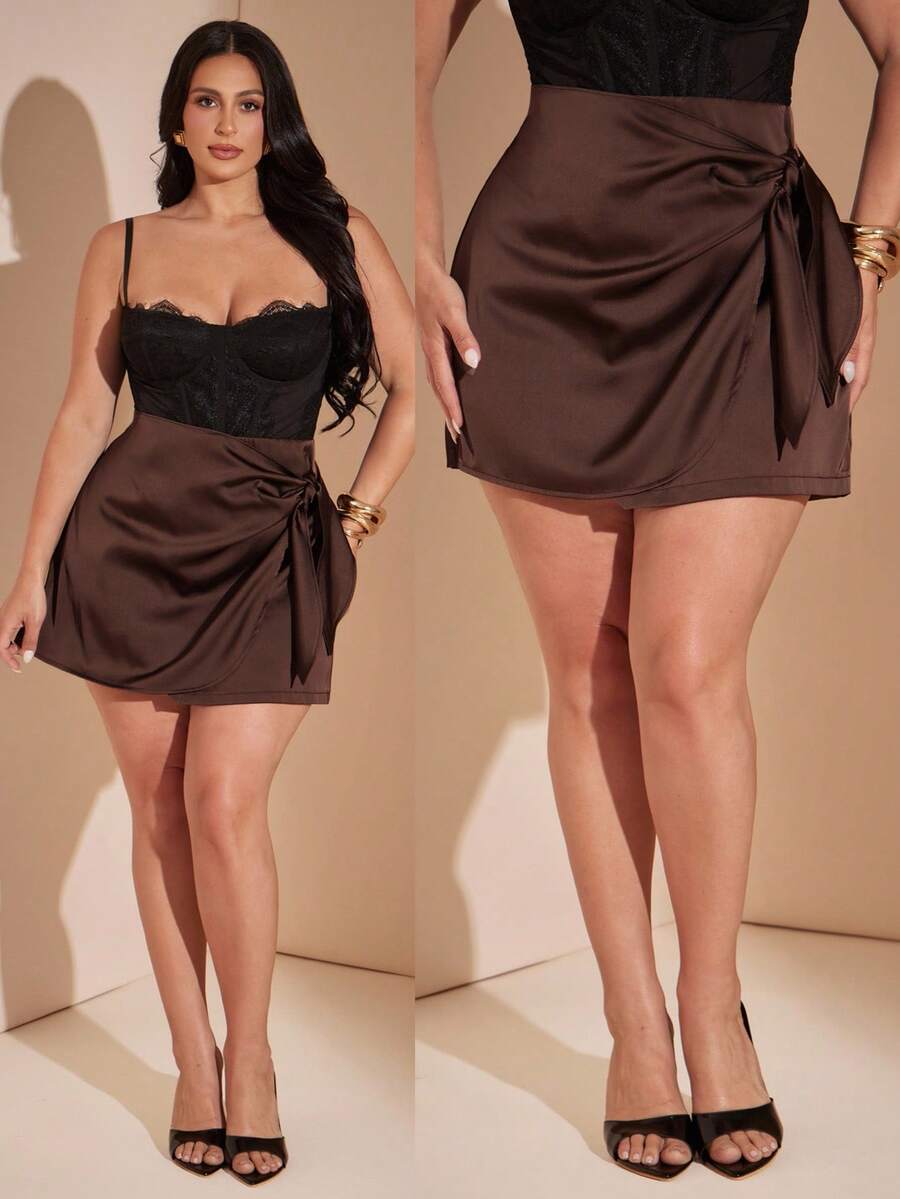 SHEIN BAE CURVE 大尺碼女款棕色不對稱迷你裙，優雅緞面裙