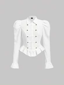 SHEIN MOD 女款純色泡泡長袖鈕扣設計休閒襯衫 - 白色 - 查看 5