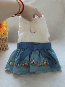 PETSIN 1pc Plush Thickened Pet Dress, Suitable For Cats And Dogs To Wear In Autumn And Winter, Embroidered Small Flower Dress In Princess Style - Blue and White - View 6