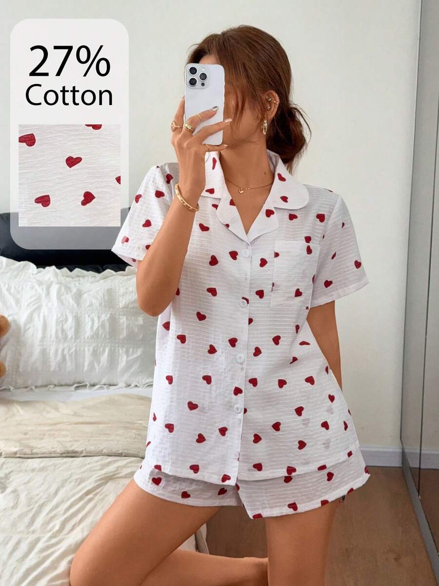 Napfluff Women's Heart Contrast Color Open Front Loungewear Set - Red - View 1