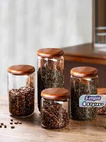1Pc Glass Food Storage Containers With Airtight Wooden Lids, Glass Jars For Home & Office Use, Clear Glass Canisters For Tea, Coffee Beans, Nuts, Spices, Sugar, Overnight Oats, Cereal, Rice, Candy Storage - Clear - View 2