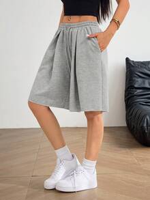 SHEIN PETITE 女款春夏街頭風度假日常穿著返校休閒運動基礎款寬鬆低腰百慕達跨襠褲 - 灰色 - 查看 8