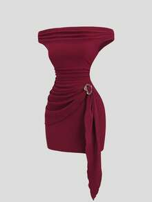 Sweetra Chocolate Bodycon Dress With Off-Shoulder Off-The-Shoulder Neckline, Metal Buckle Decor, Pleated Tie Detail, Sexy Glamorous Vintage Simple Style For Business, Shopping, Dating, Birthday Party, Social Gathering, Commuting, Spring Summer Early Autumn - Burgundy - View 5