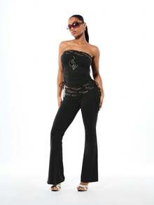 BABYPHAT Fold Over Printed Waist Flare Leggings With Logo Script Detail And Side Tie Strings - Black - View 8