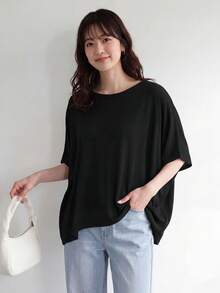 SHEIN LUNE Solid Batwing Sleeve Tee,Casual - Black - View 5