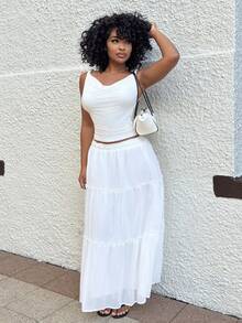 Alexandranx Ruffle Skirt Boho Long Skirt Break Solid Frill Trim Ruffle Hem Skirt White - White - View 5