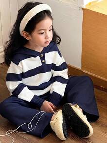 SHEIN Little Byeori 女童拼色連帽長袖針織上衣與長褲套裝，秋季款 - 藏蓝色 - 查看 8