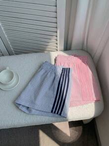 SHEIN Tween女孩休閒80年代90年代街頭風運動圓領無袖海軍藍粉色條紋背心與短褲2件套 夏季返校穿搭 - 粉色 - 查看 6