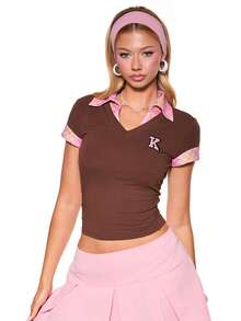 Mean Girls | ROMWE Women's 2 In 1 Colorblock Plaid Applique Embroidery Slim Fit Waist-Cinched Meangirls Preppy Casual Y2k V-Neck Shirt Everyday School Brown And Pink - Mocha Brown - View 4