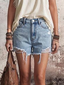 EMERY ROSE Women's Light Blue Bow Embroidery Distressed Raw Hem Non-Stretch Denim Shorts Vacation Summer Cute - Light Wash - View 9