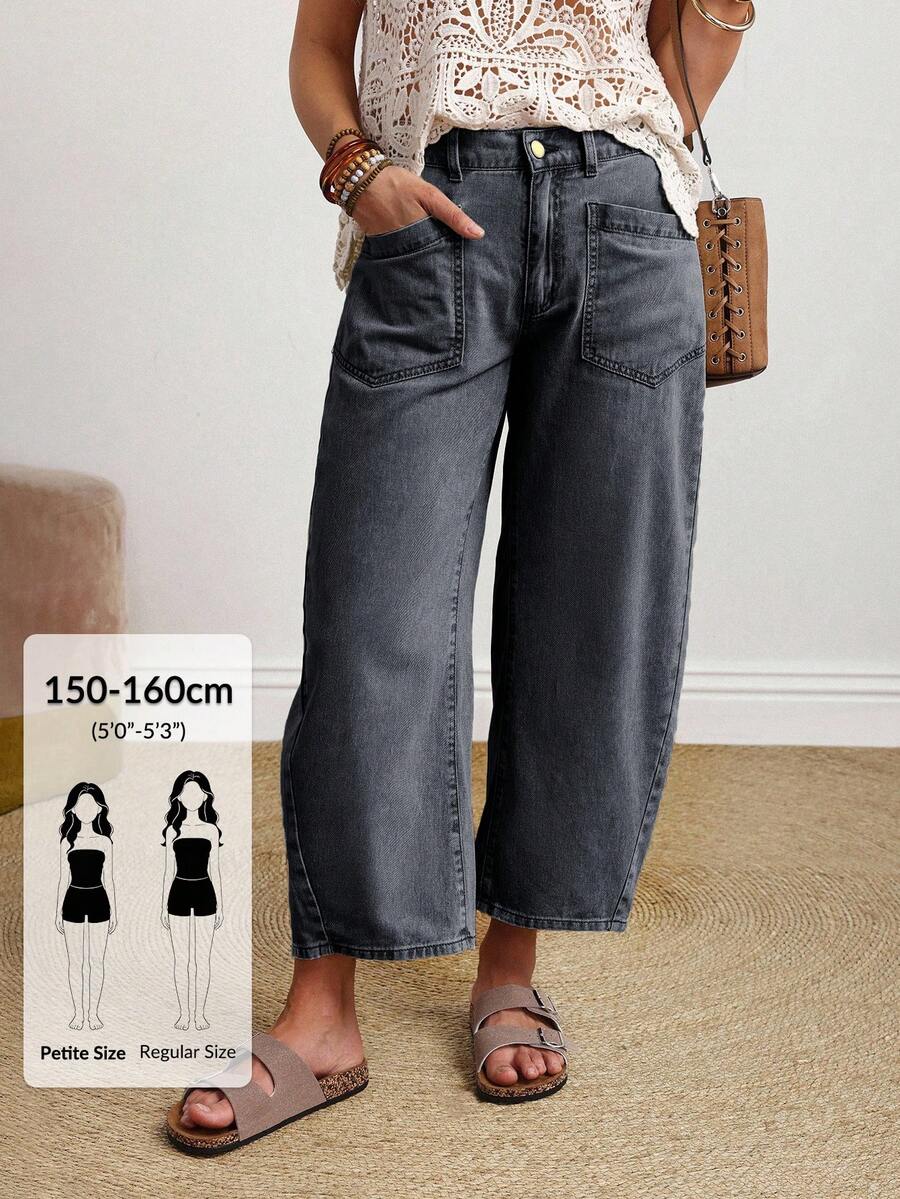 SHEIN PETITE 女款純色休閒牛仔褲 黑色寬腿牛仔褲 黑色寬鬆牛仔褲 寬鬆牛仔褲 女款寬鬆牛仔褲 短版寬腿牛仔褲,小個女款 - 黑色 - 查看 1