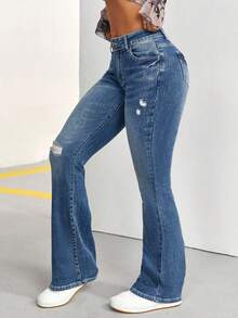 SHEIN PETITE Ladies' Ripped Flared Jeans ,Petite Women - Medium Wash - View 4