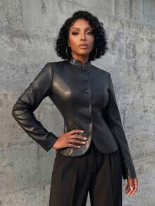 Eryvara Women's New Autumn/Winter High Neck Slim Fit Leather Jacket, Commuter Style - Black - View 5