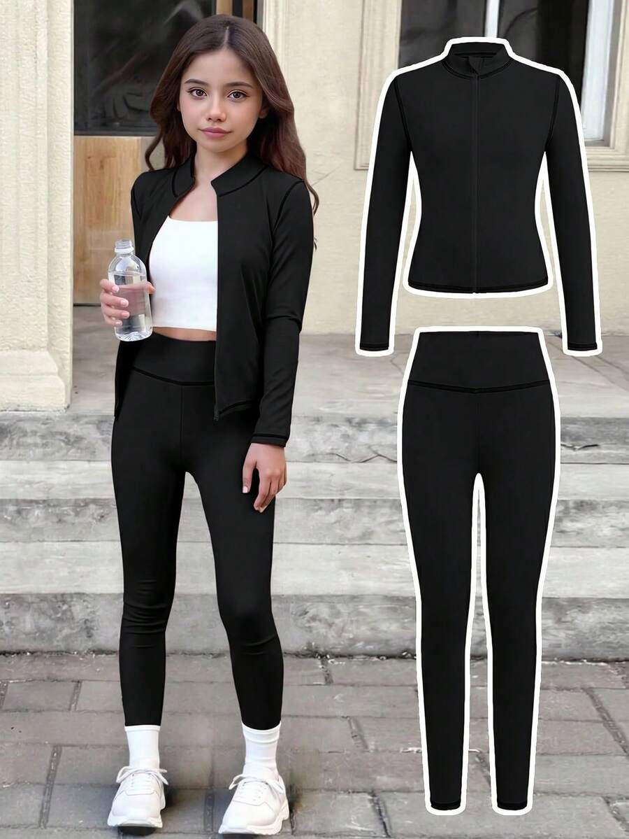SHEIN Serisse Kids Tween Girl Casual Modest All Black Line Yoga Sports Slim Fit Zip-Up Stand Collar Knit Solid Color Top High Waist Leggings Set Summer - Black - View 1