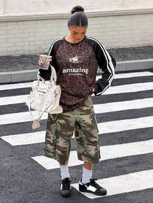 Muchica Women's Leopard Print Letter Graphic Patchwork Casual Street Wear Everyday T-Shirt Everyday Black And White Leopard Print Autumn - Multicolor - View 7